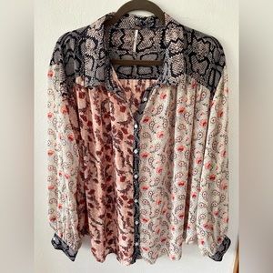 Free People (L) Oversized Eclectic Mixed Print Button down